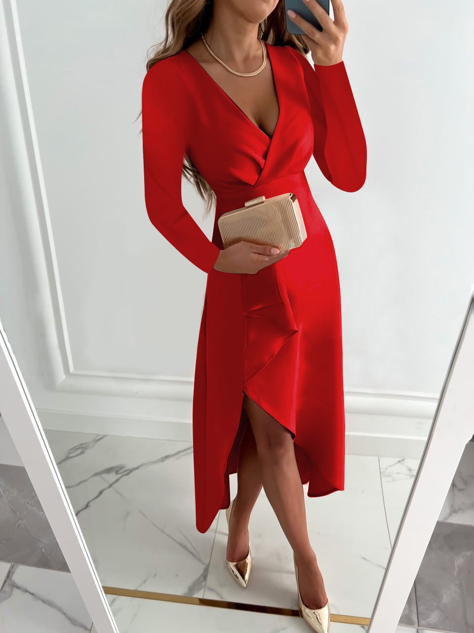 Damen Midi Kleid V-Ausschnitt Schlitz Etui Stil