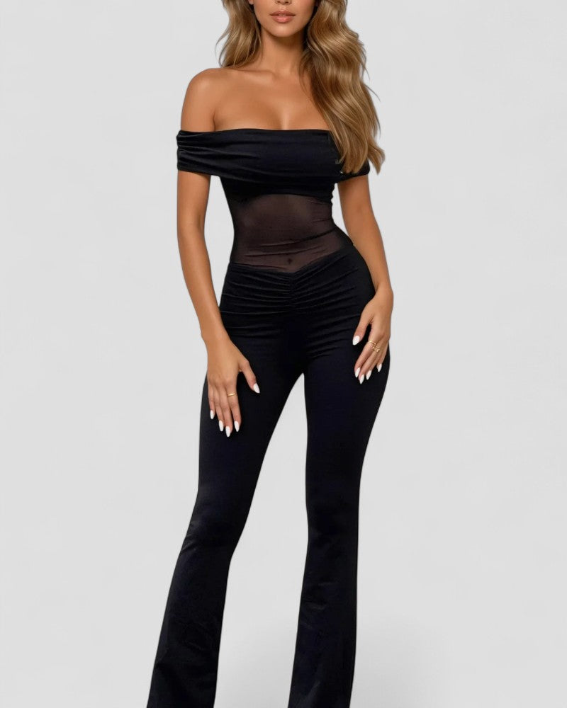 Eleganter, schulterfreier, figurbetonter Jumpsuit mit Netzeinsatz 3
