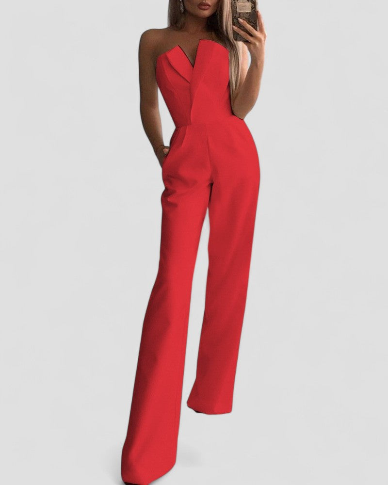 Eleganter trägerloser Jumpsuit mit V-Ausschnitt und weitem Bein 4