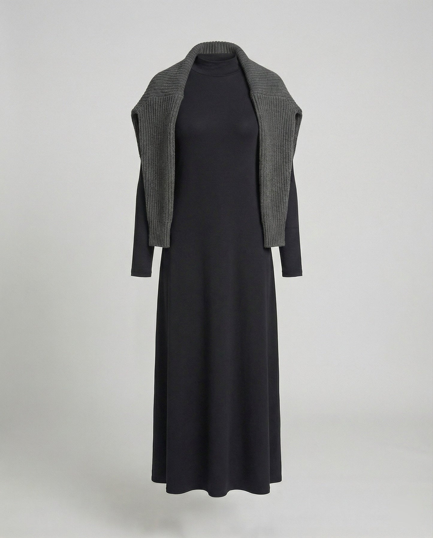 Schwarzes Langarmkleid Hochtailliert Vintage Stil Baumwolle