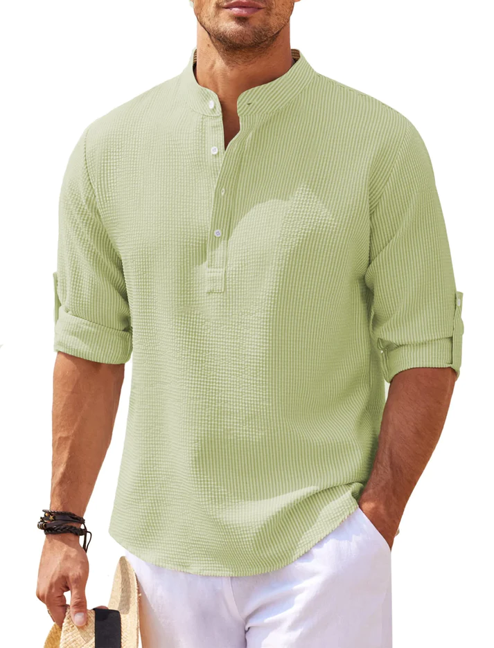 Herren-Henley-Shirt Nadelstreifen Stehkragen Knopfleiste