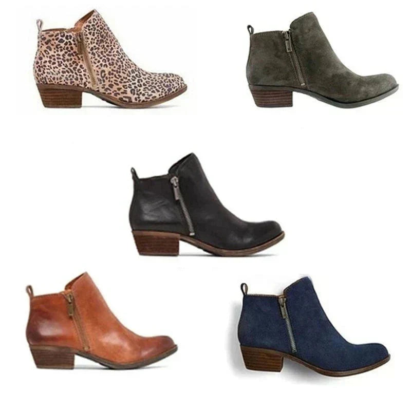 Damen Stiefeletten Leder Blockabsatz Flach