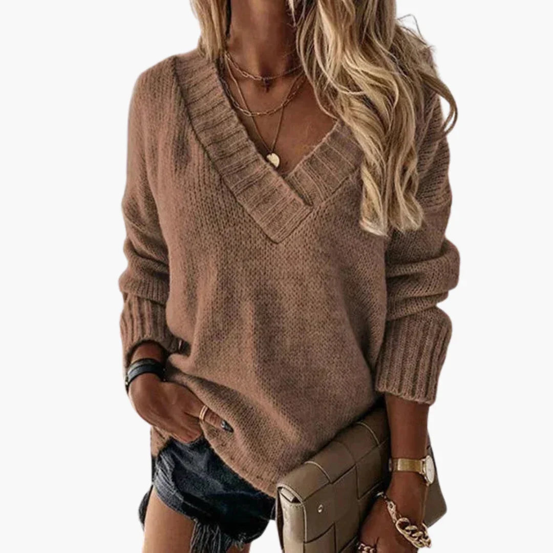 Gerippter V-Ausschnitt Pullover für Damen 3
