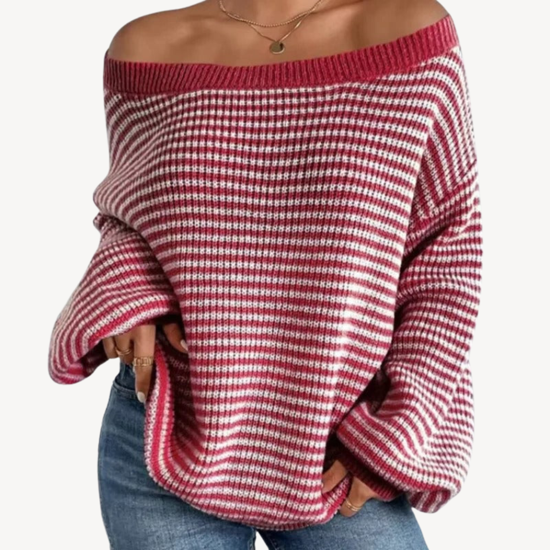 Gestreifter schulterfreier Strickpullover für Damen | Loravelle 4