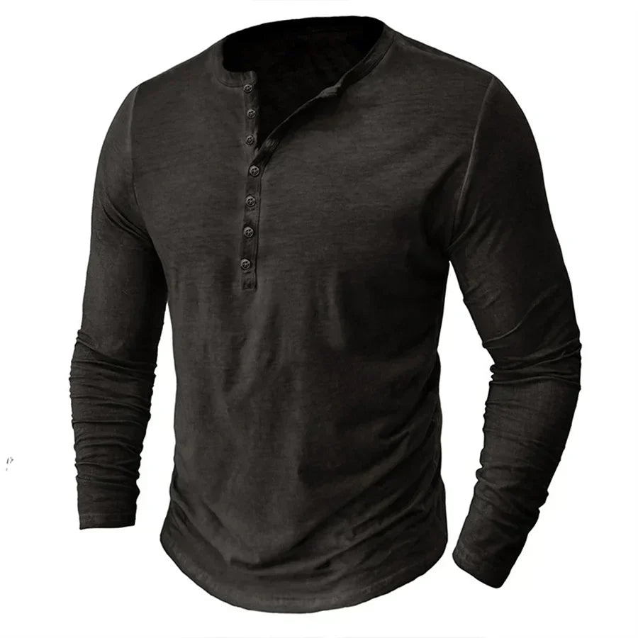 Henley-Shirt | Einfarbig | Knopfleiste am Kragen | Langärmliges T-Shirt | Herrenhemd-Dunkelgrau-S-Chaps Herrenmode