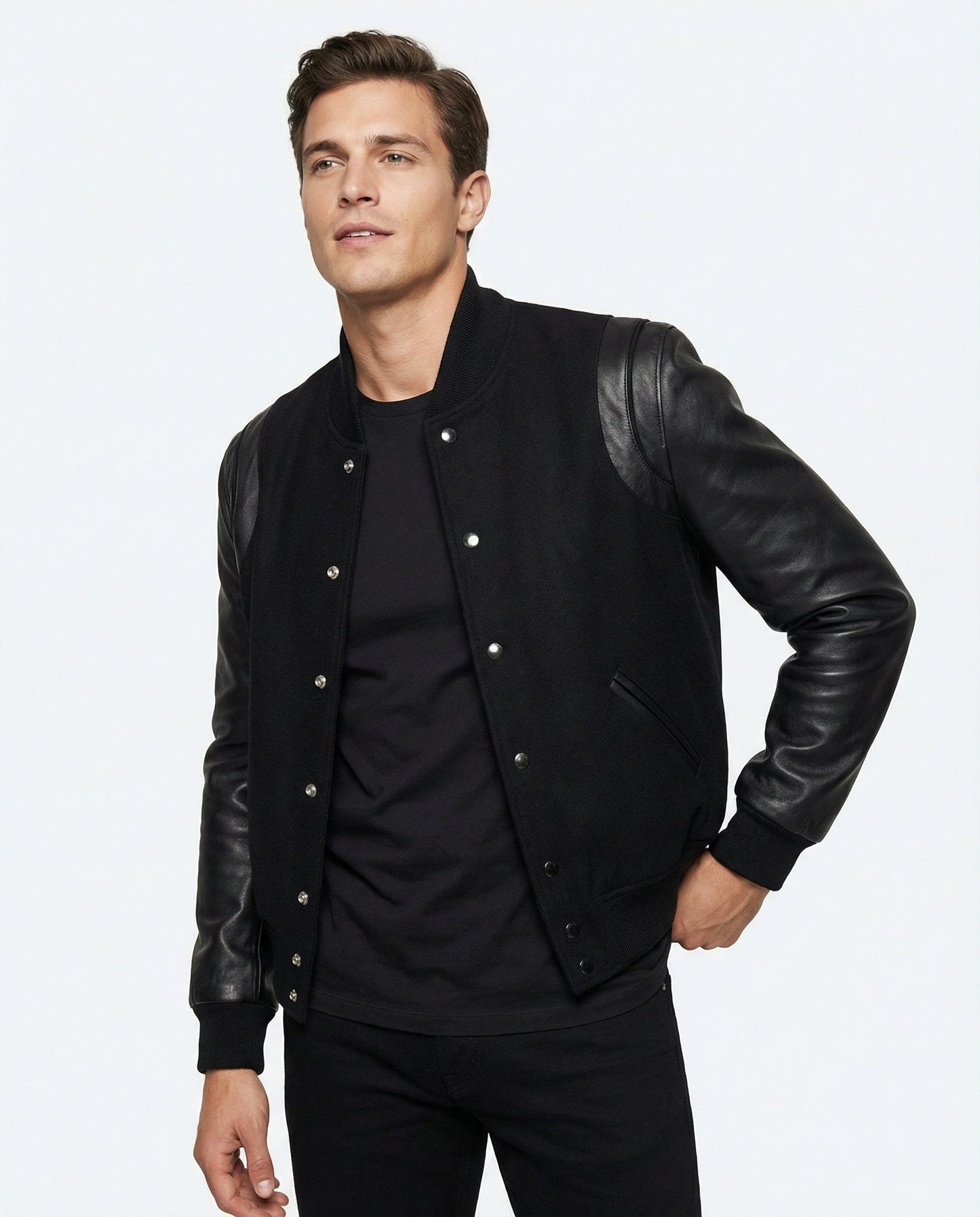 Leder Collegejacke Schmal Slim Fit mit Druckknöpfen