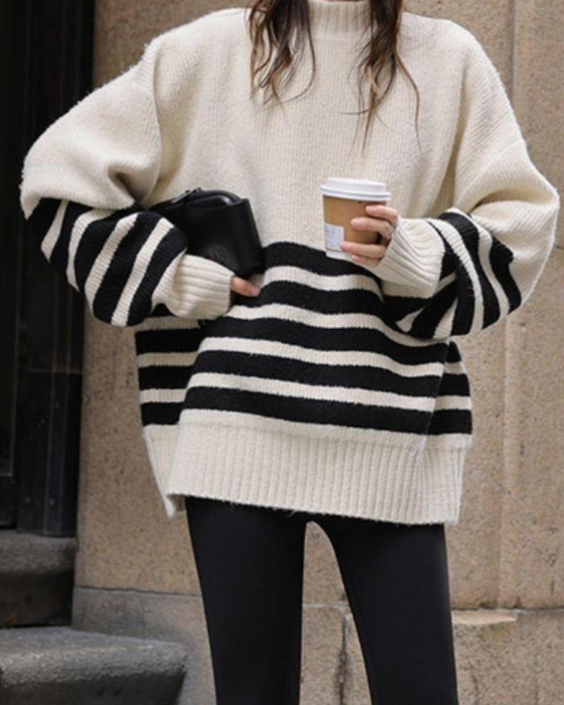 Schwarze Übergröße Strickpullover Hoher Hals Streifen
