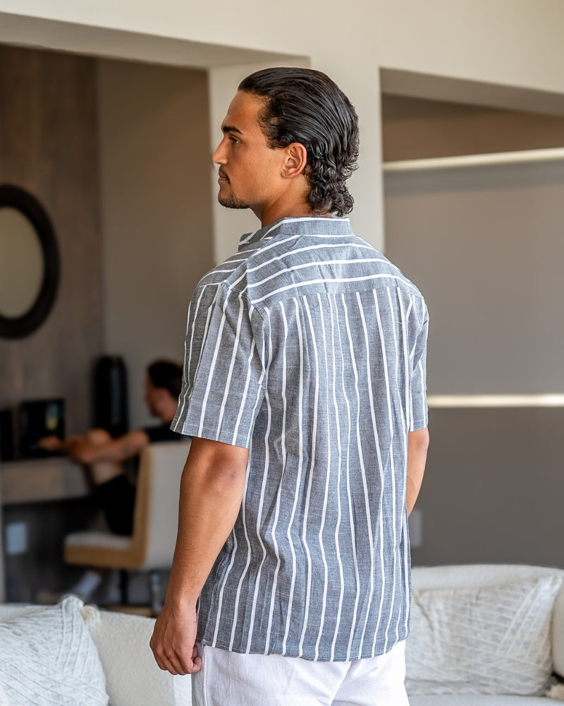 Leinenhemd Herren Sommer Stehkragen Gestreift Modern