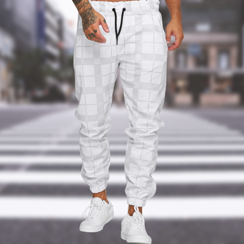 Jogger | Kordelzug | elastische Knöchel | karierte Hose | Herrenhose-Weiß-S-Chaps Herrenmode