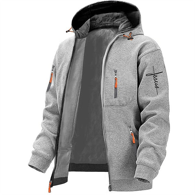 Kapuzenjacke mit Reißverschluss – Warme Fleece-Kapuzenjacke mit durchgehendem Reißverschluss für Herren-Hellgrau-S-Chaps Herrenmode