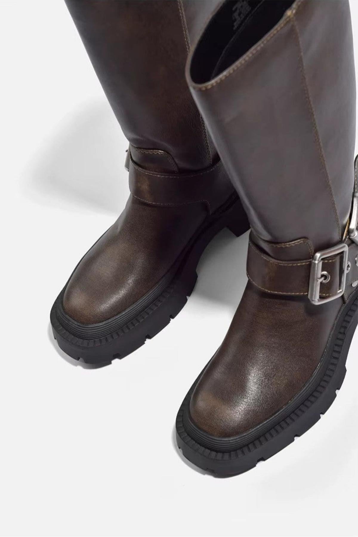 Damen Bikerstiefel Robust Reitstiefel Schwarz