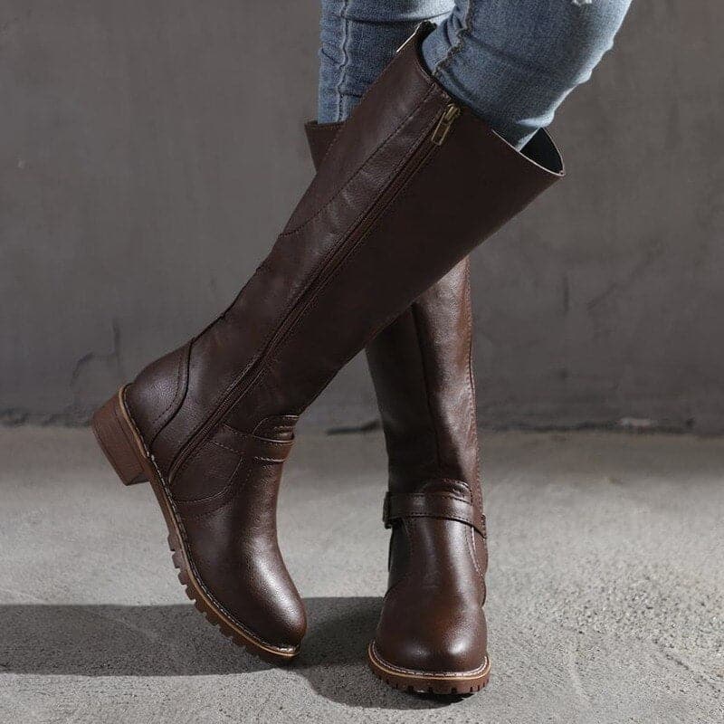 Damen Stiefel Leder Flach Winterstiefel Weit