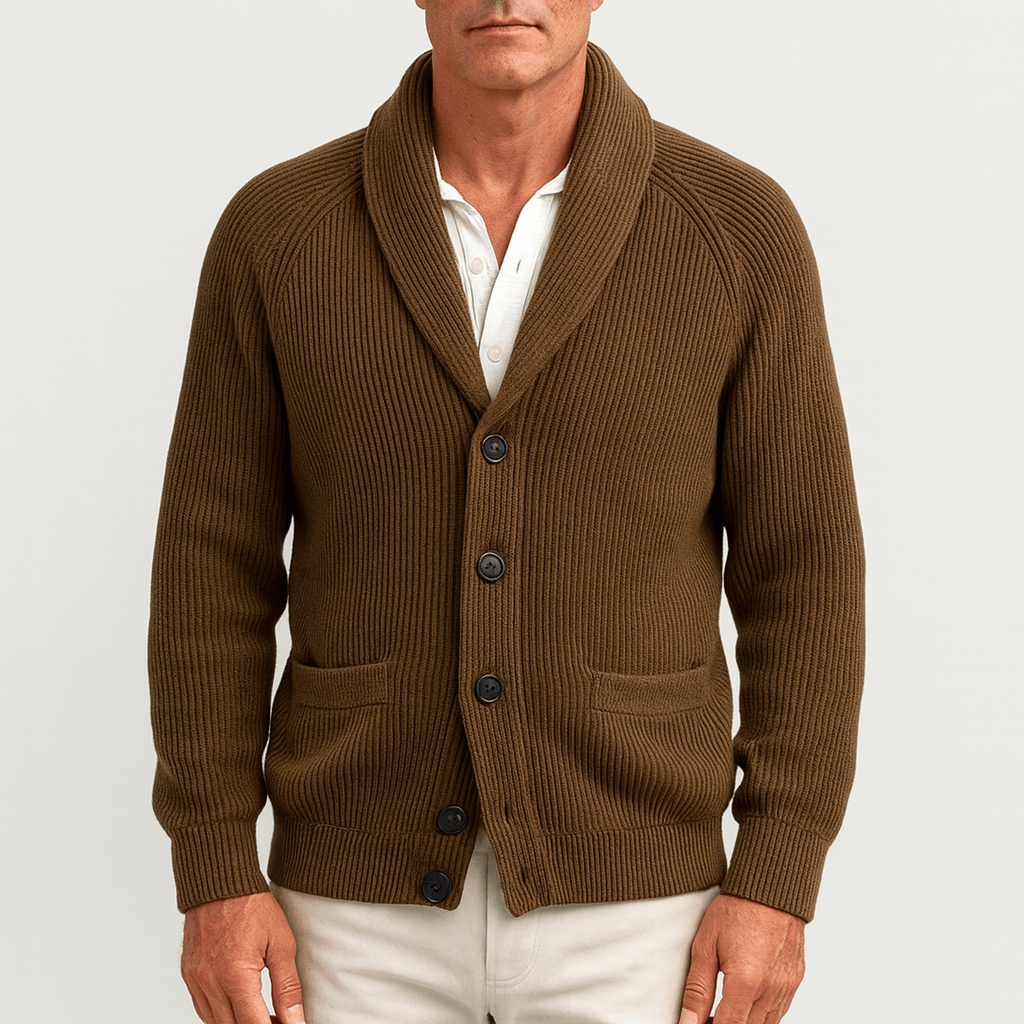 Knopfleiste-Strickjacke – Warm – Gerippt – Gestrickte Strickjacke – Herren-Strickjacke-Braun-S-Chaps Herrenmode