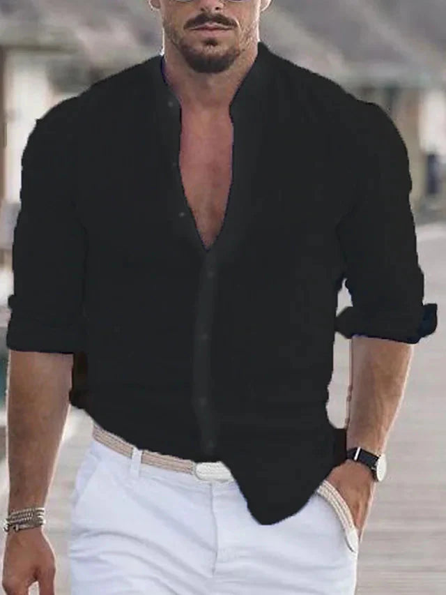 Leinenhemd – mit Knopfleiste – Leicht – langärmlig – Herrenhemd-Schwarz-XS-Chaps Herrenmode