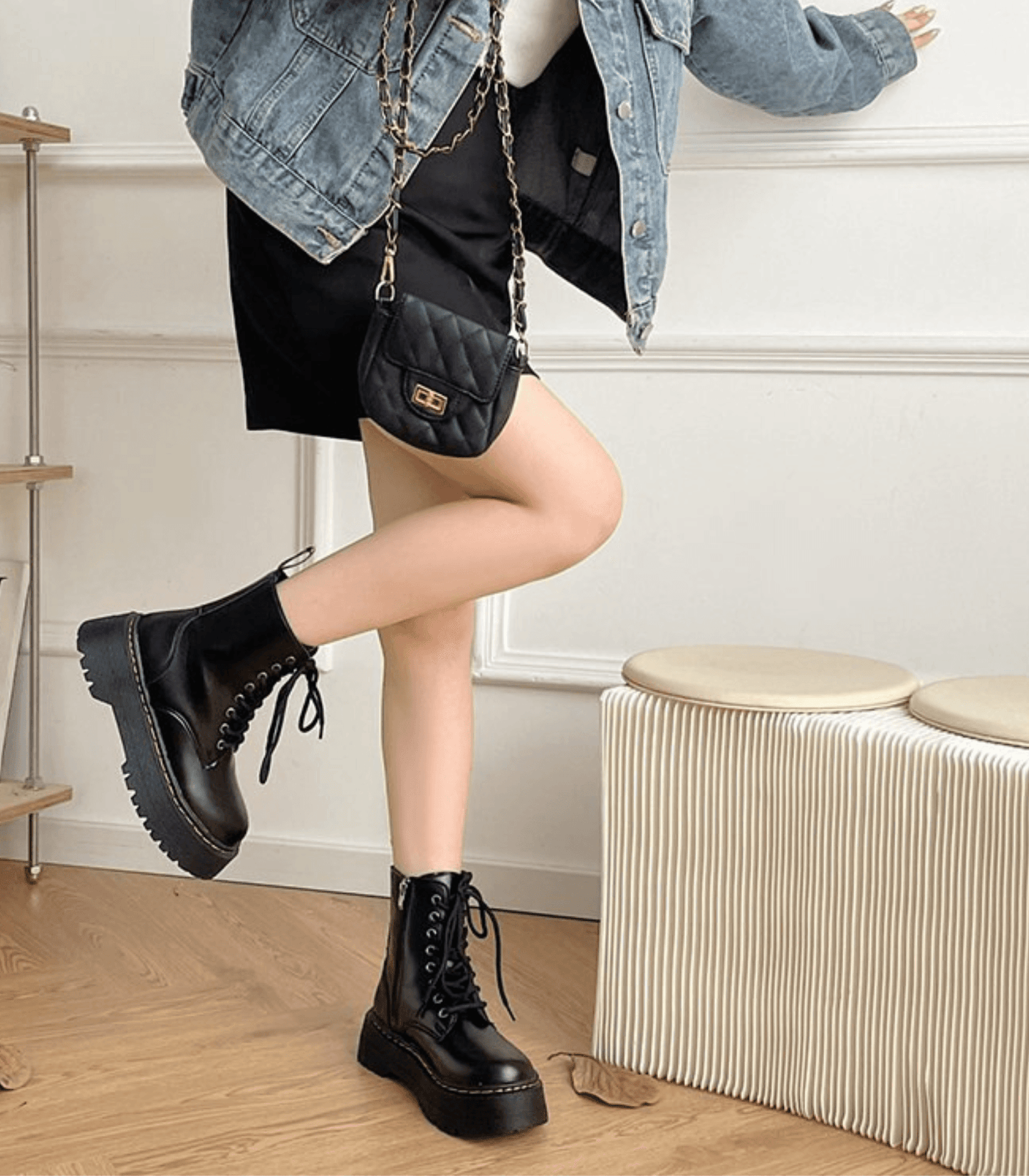 Schwarze Damen Stiefel Chunky Schnürschuhe Leder