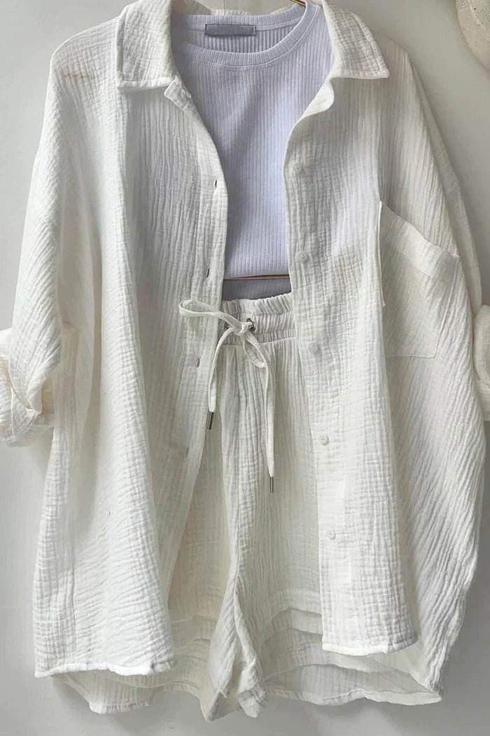 Damen Set Oversize Musselin Hemd Shorts Sommer