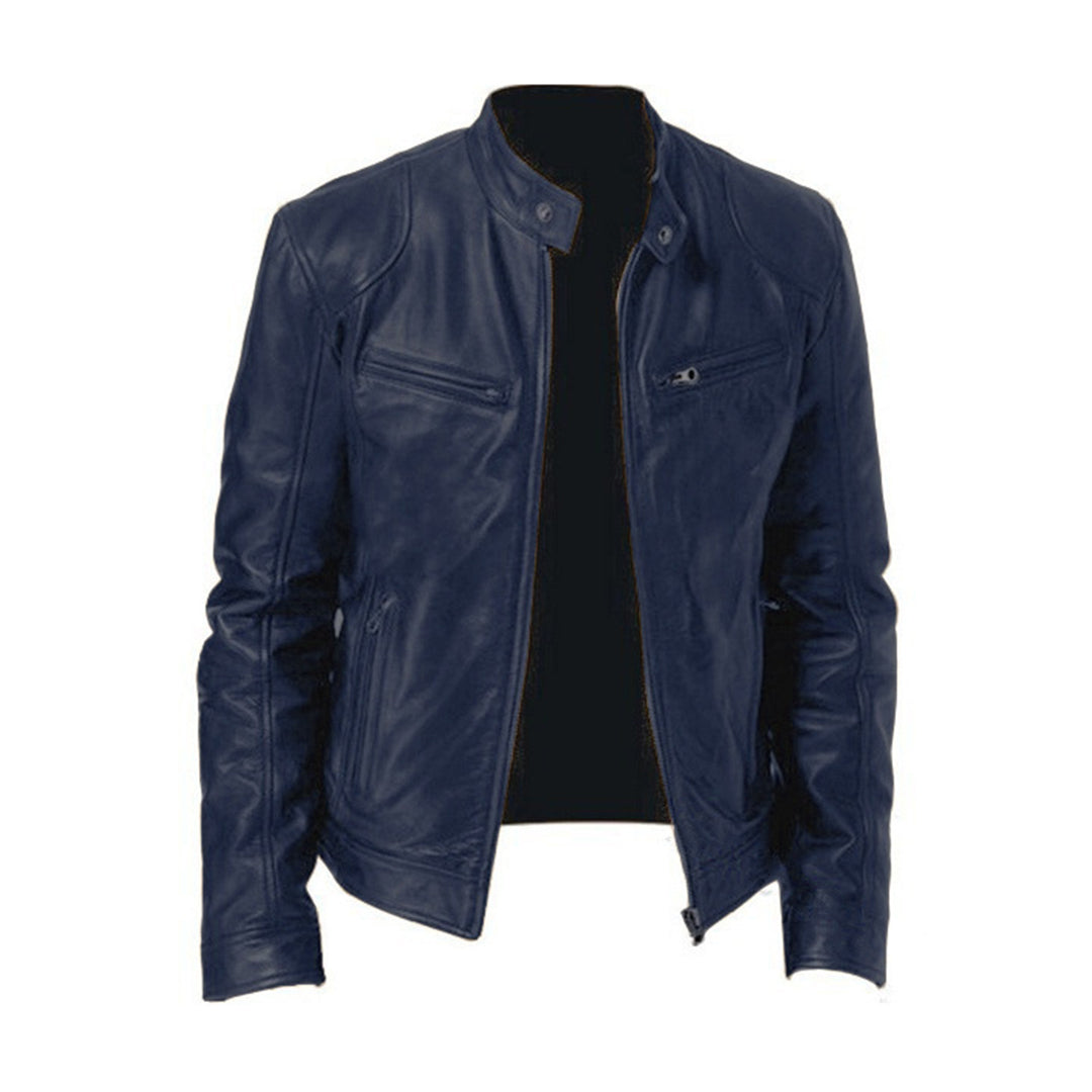 Lederjacke Herren Biker Style Stehkragen Schwarz