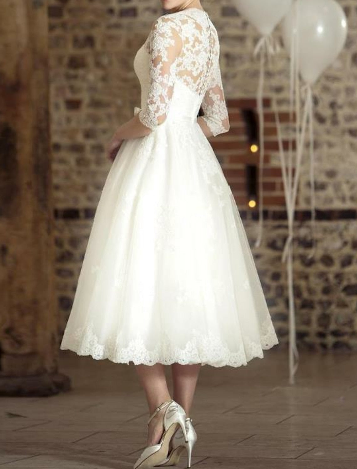 Damen Hochzeitskleid Vintage Spitze Midi Länge Romantisch