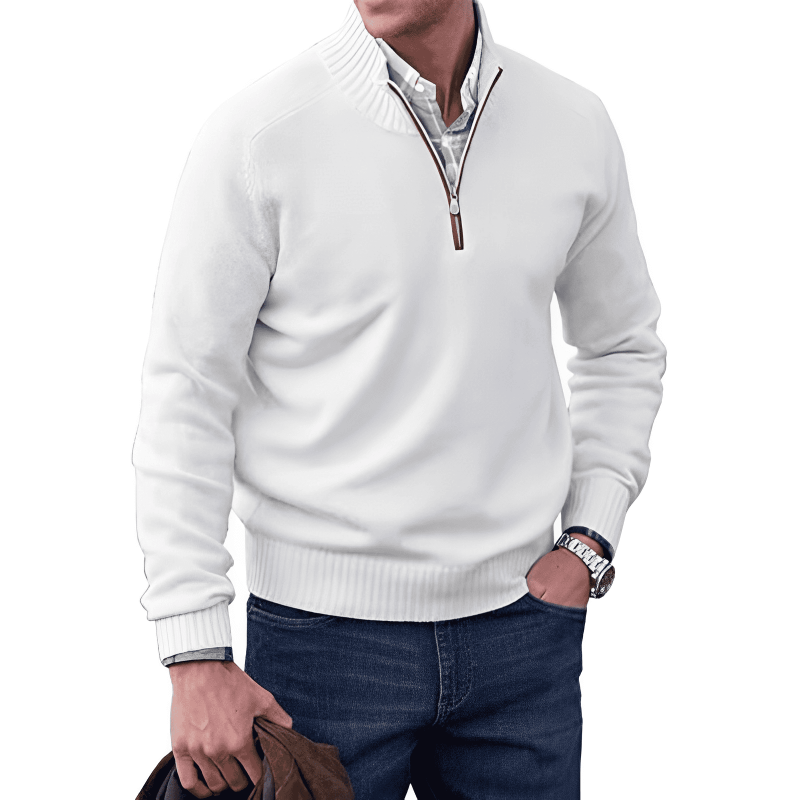 Mens Quarter Zip Jumper - Winter - Pullover - Strickpulli - Mens Half Zip Sweater-Weiß-M-Chaps Herrenmode
