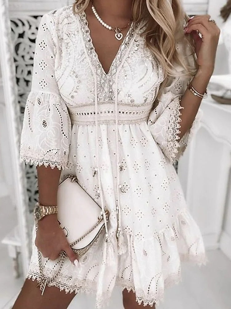 Boho Kleid Spitzen Sommerkleid Frauen Kurzärmelig