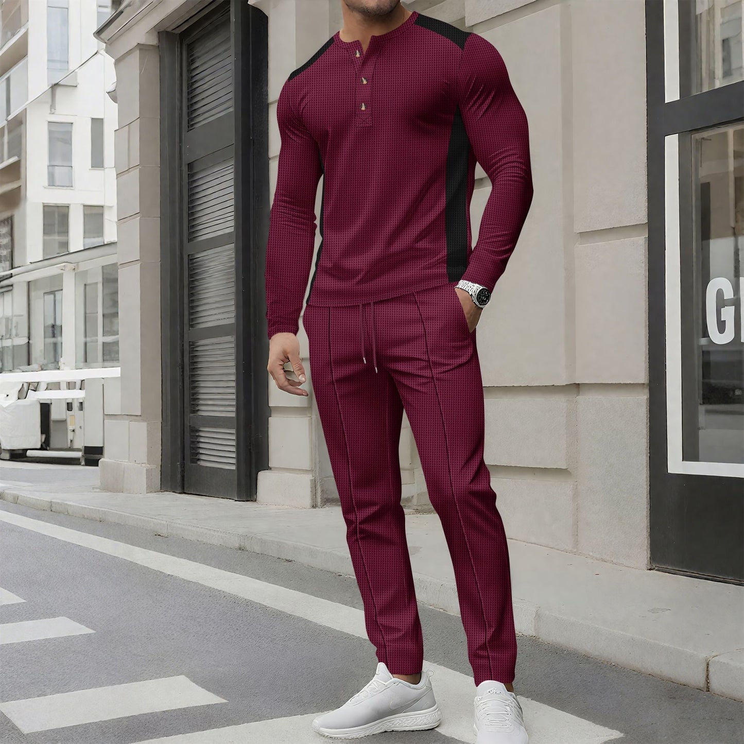 Herren Sportset Langarmshirt Jogginghose Struktur Optik
