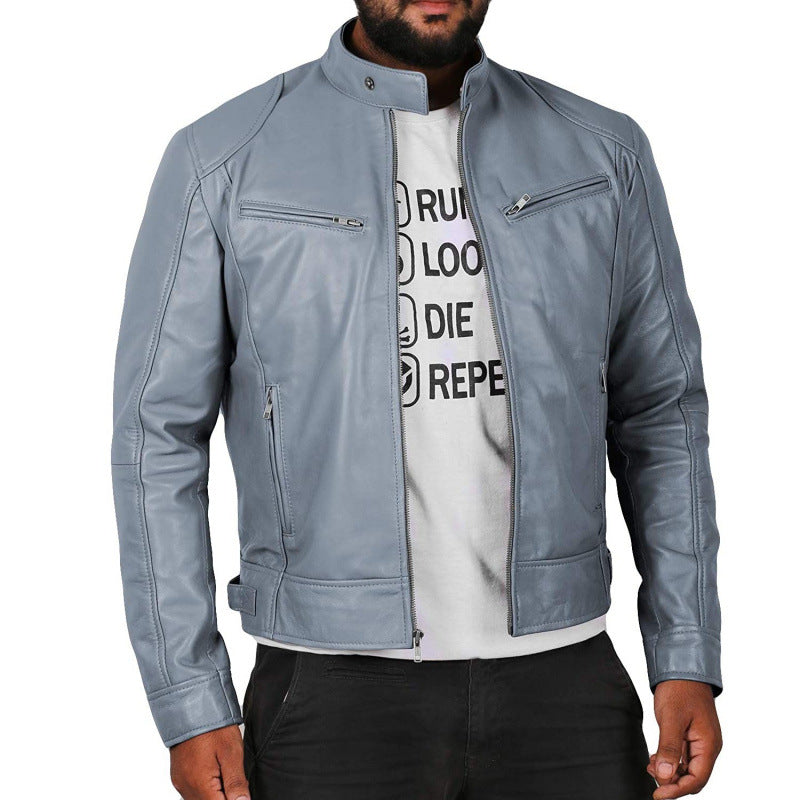 Lederjacke Herren Bikerjacke Stehkragen Reißverschluss
