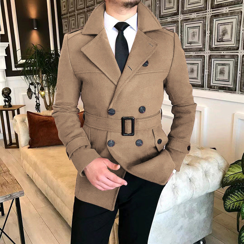 Herren Mantel Elegant Melton mit Gürtel Schwarz Modern
