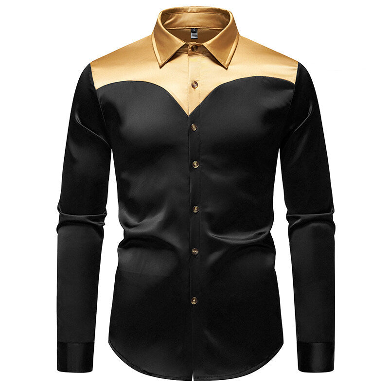 Elegantes Herren Hemd Langarm Glänzend Kontrastkragen Modern