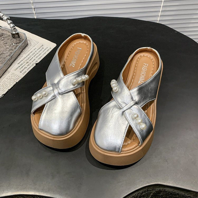Damen Plateau Sandalen Plateauschuhe mit Perlen schwarz