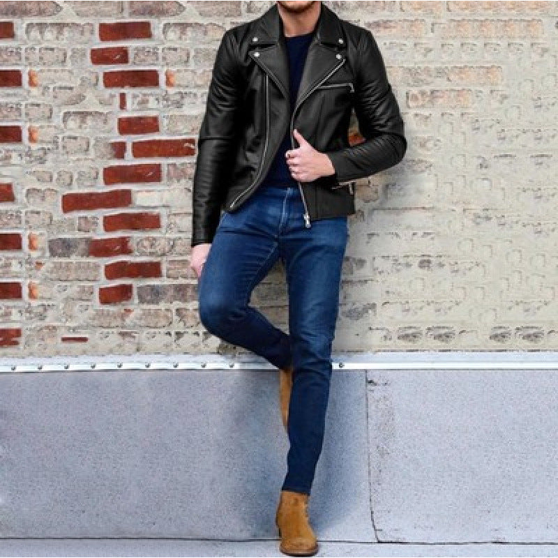 Herren Lederjacke Bikerstil Asymmetrisch Reißverschluss Schwarz