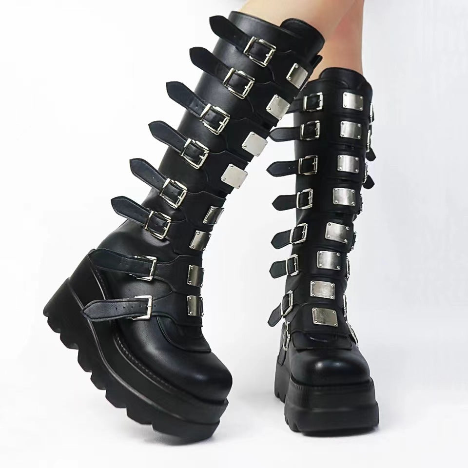 Damen Plattformstiefel Schnallen-Design Stabil Modisch