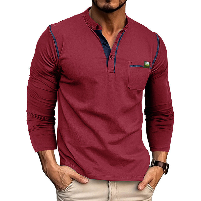 Herren Henley-Shirt Langarm mit Brusttasche Modern