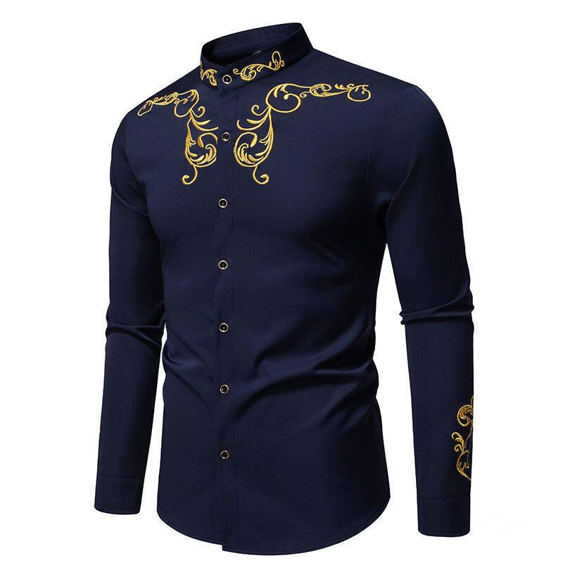 Herren Hemd Langarm Modern mit Stickerei und Slim Fit Kragen
