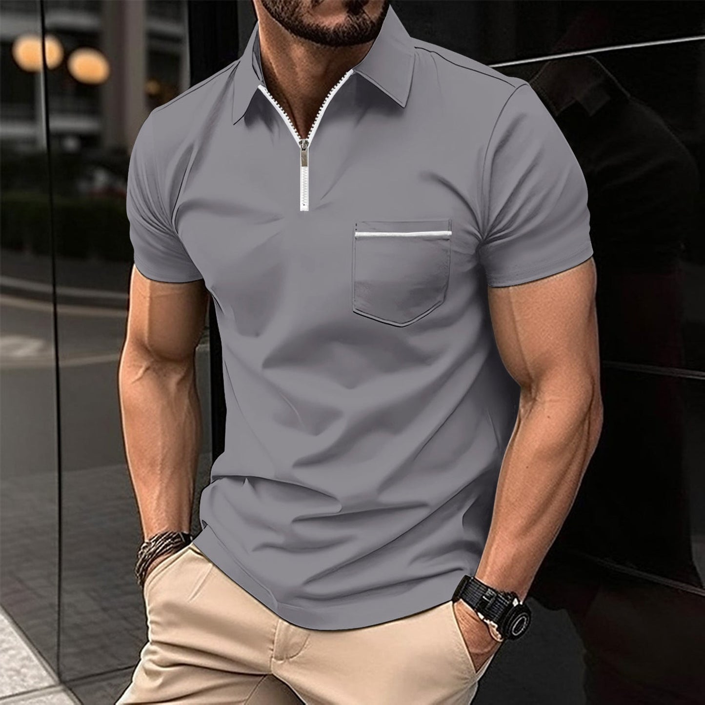 Herren Poloshirt Kurzarm mit Reißverschluss und Brusttasche Modern