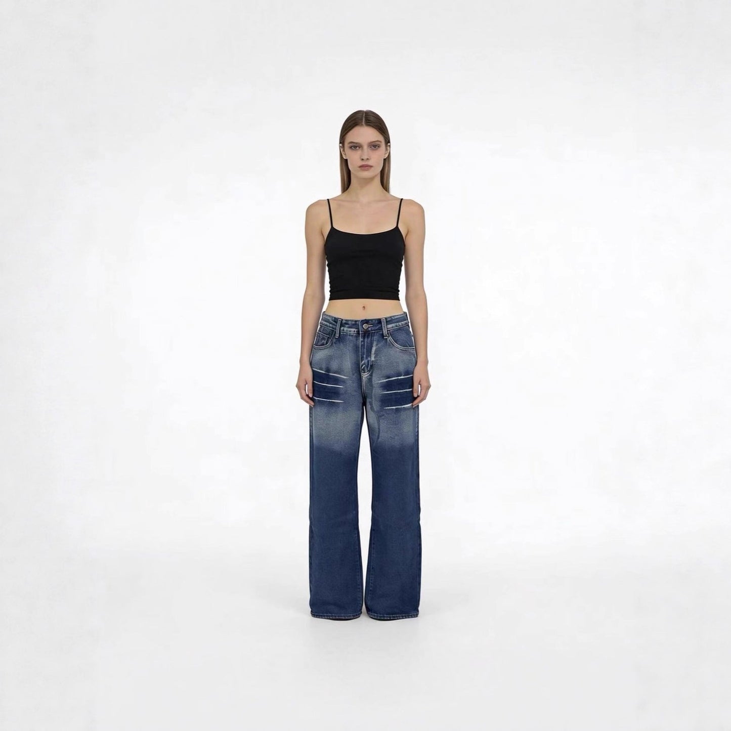 Damen High-Waist Jeans Mit Farbverlauf und Weitem Bein