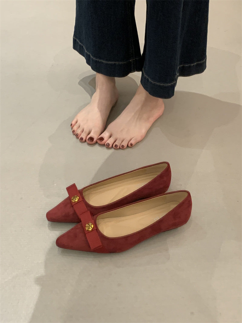 Damen Ballerinas Veloursleder Elegant Schleifen Detail