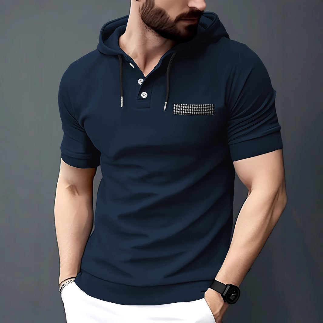 Herren Polo Shirt Kurzarm mit Kapuze und Kontrasttasche Modern