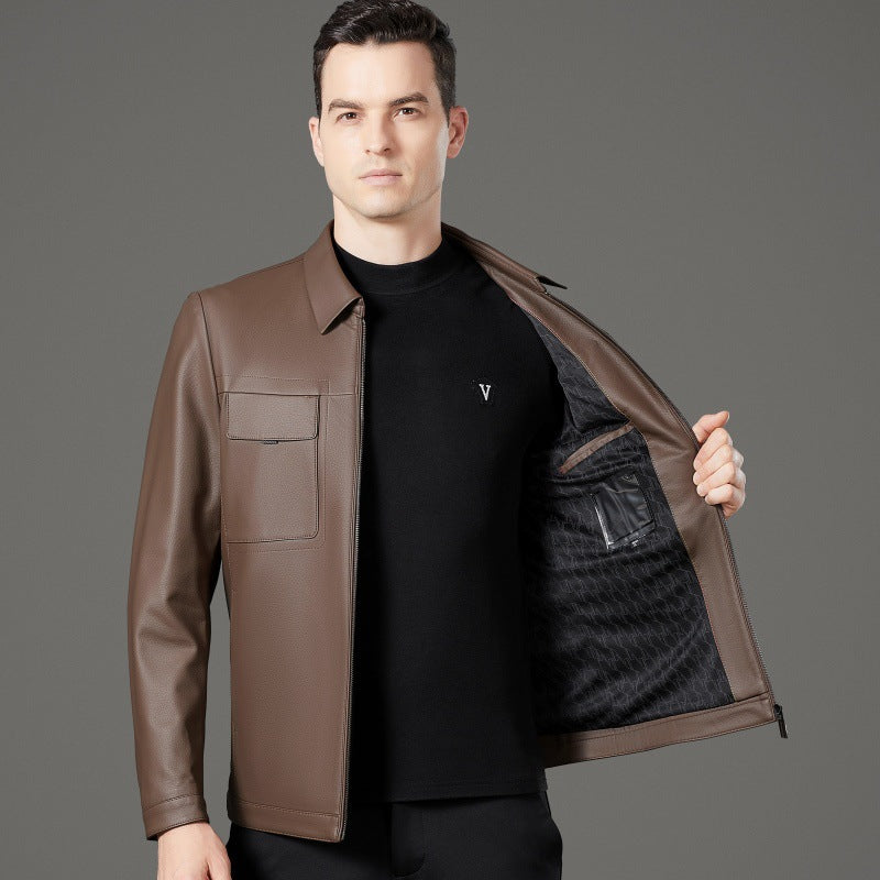 Herren Lederjacke Schwarz Stilvoll Mit Taschen