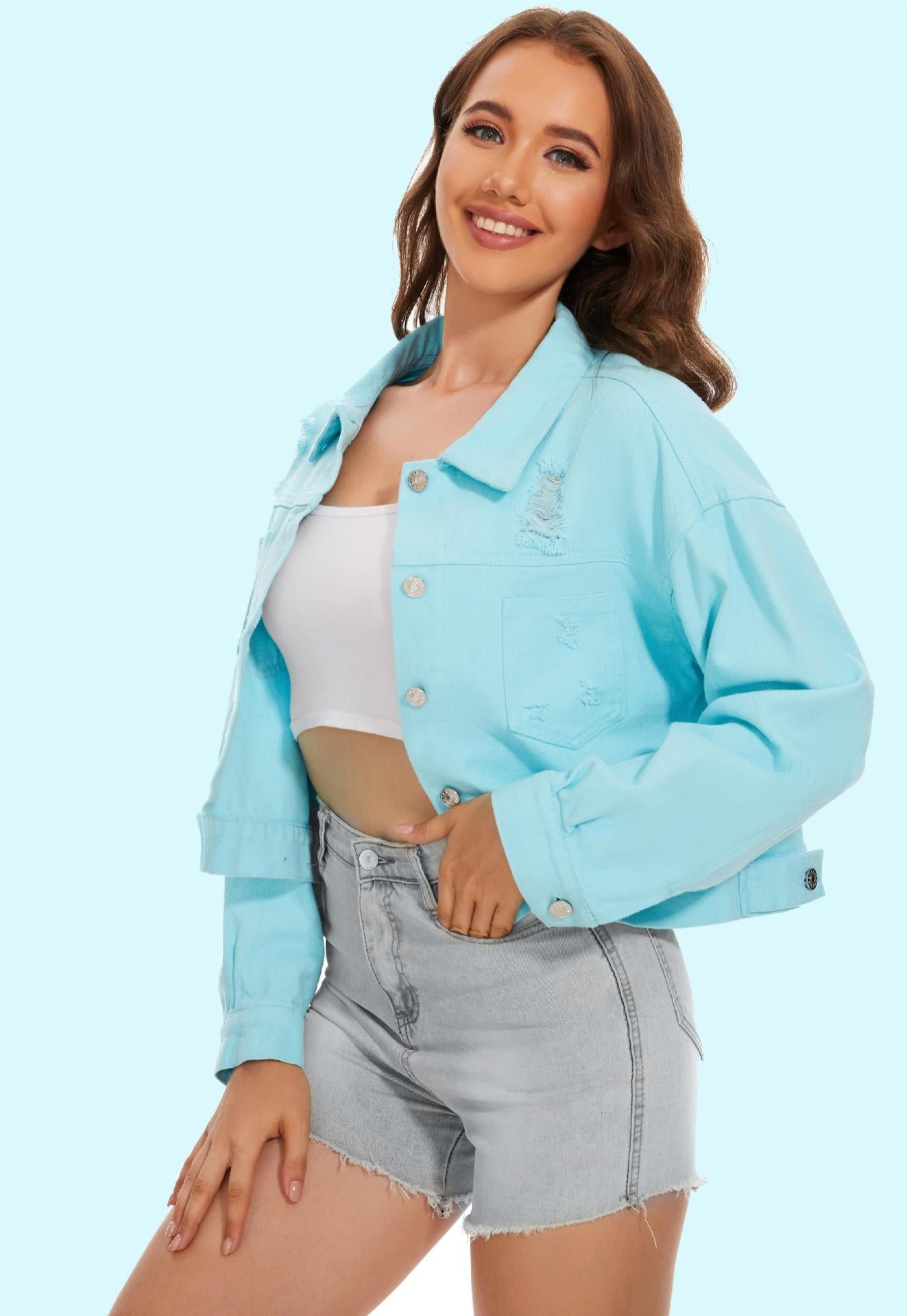 Damen Jeansjacke Crop Style Lässig Mit Fransen