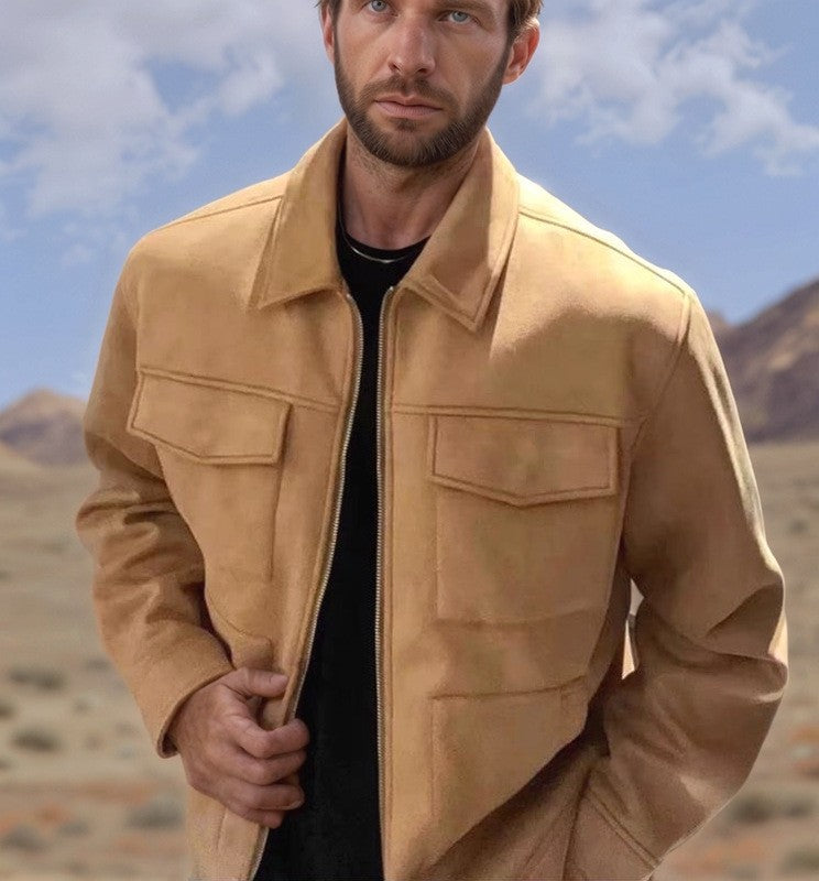 Herren Lederjacke Suede Stil mit Aufschlägen und Taschen