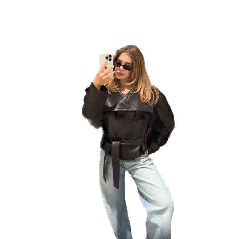 Damen Jacke Cropped Modern mit Doppelknöpfen und Breitem Kragen