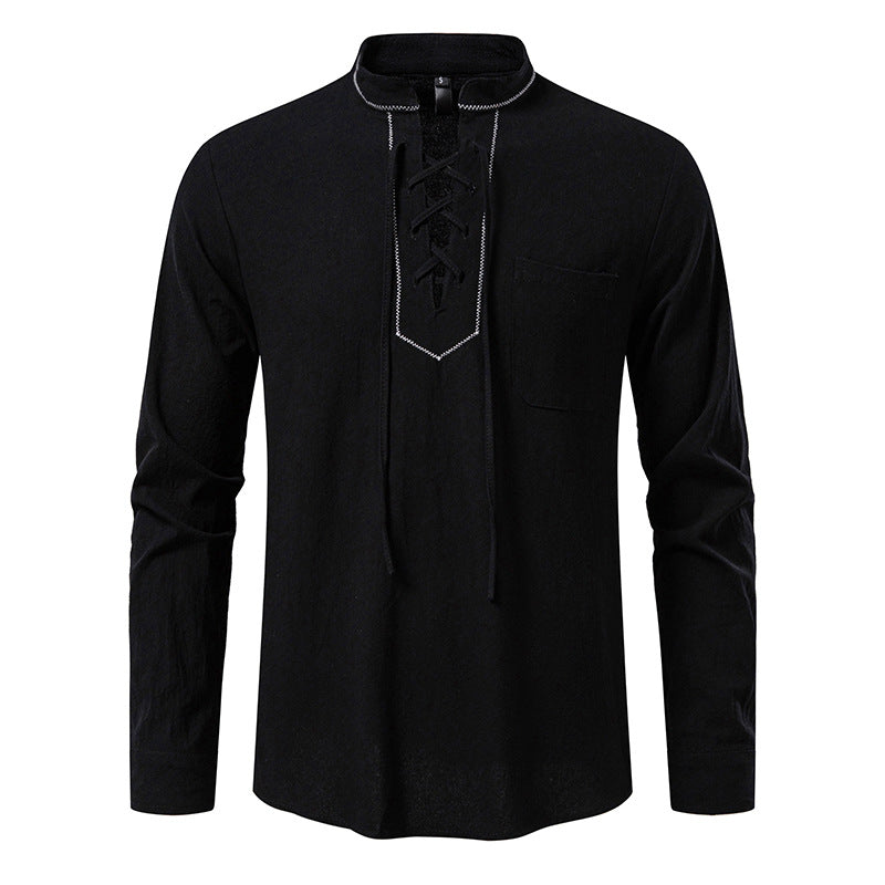 Herren Langarmshirt Modern Stehkragen Schnüren