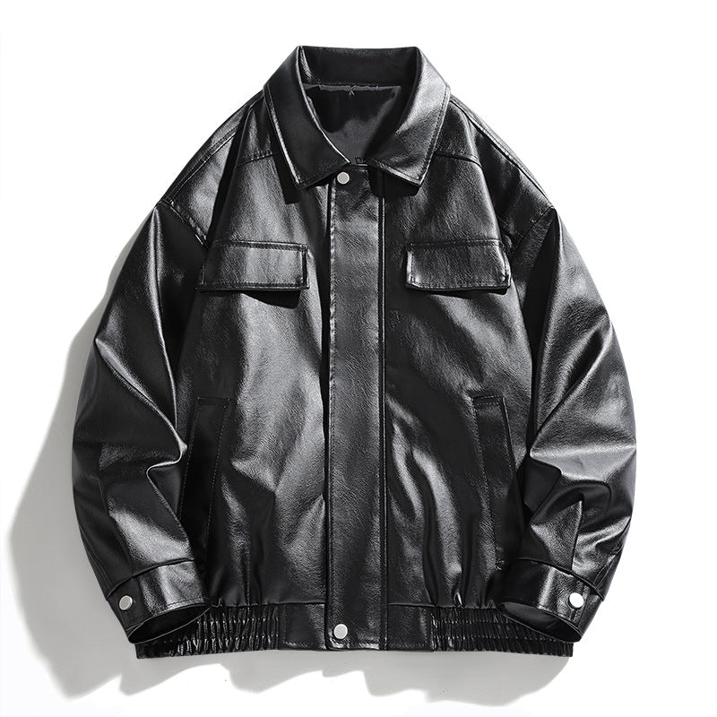 Herren Lederjacke Modern mit Kragen und Taschen Schwarz