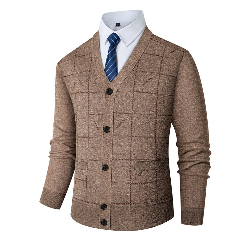 Herren Strickjacke V-Ausschnitt Modern Karomuster Grau