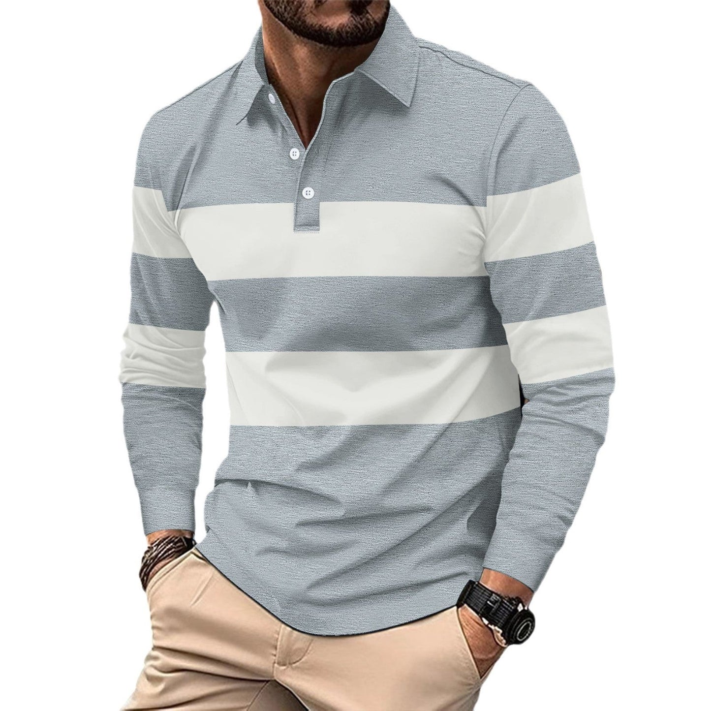 Herren Poloshirt Langarm Streifen Modern Sportlich