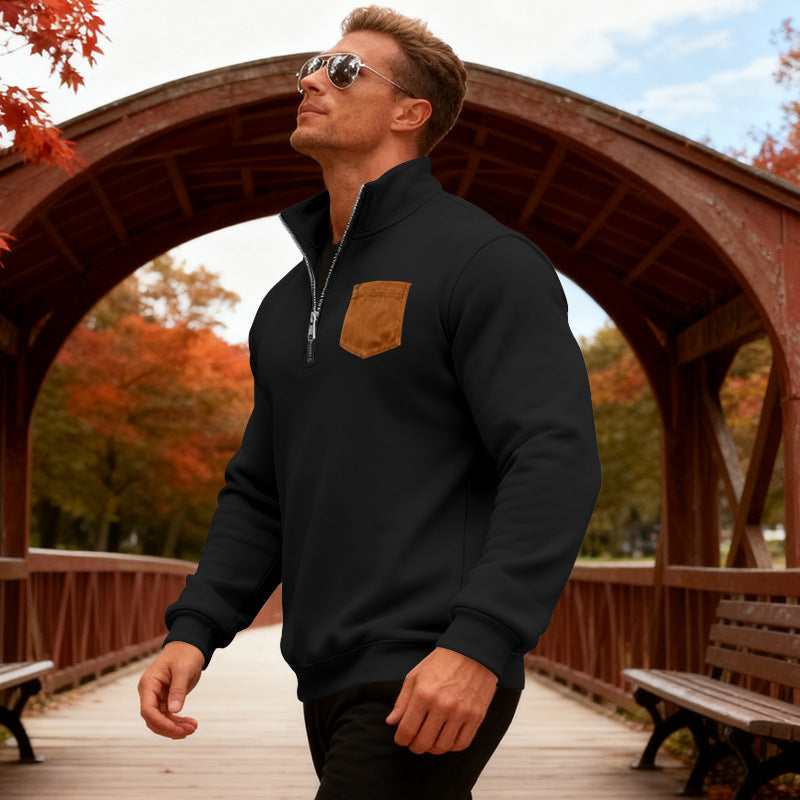 Herren Fleecepullover Mit Reißverschluss und Brusttasche Warm