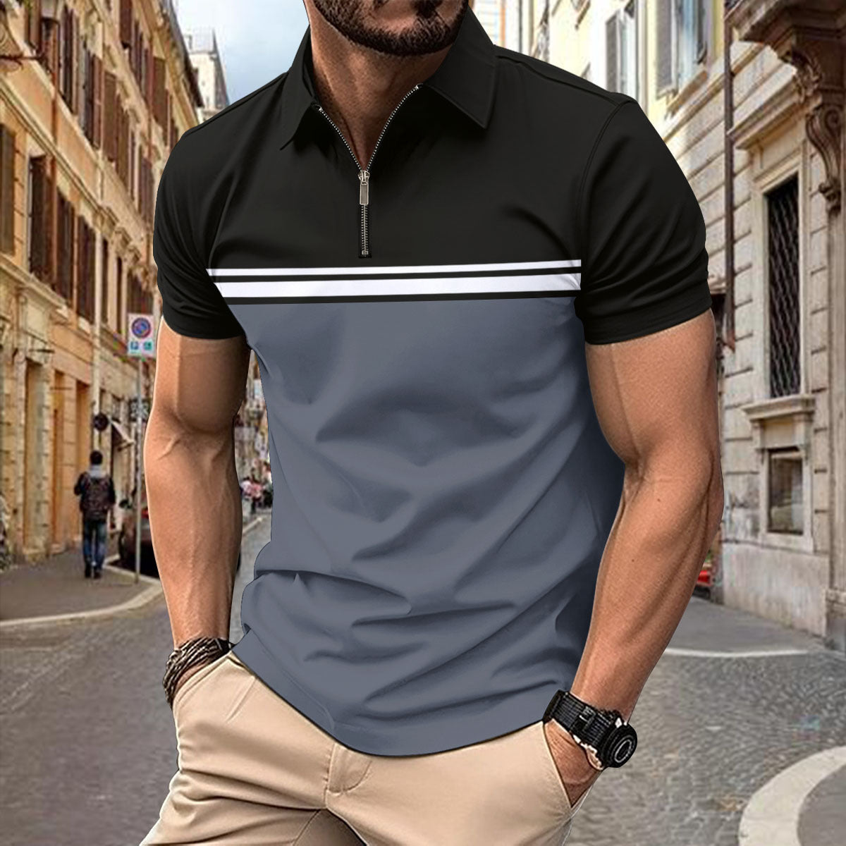 Herren Kurzarmshirt Sportlich Mit Reißverschluss Modern