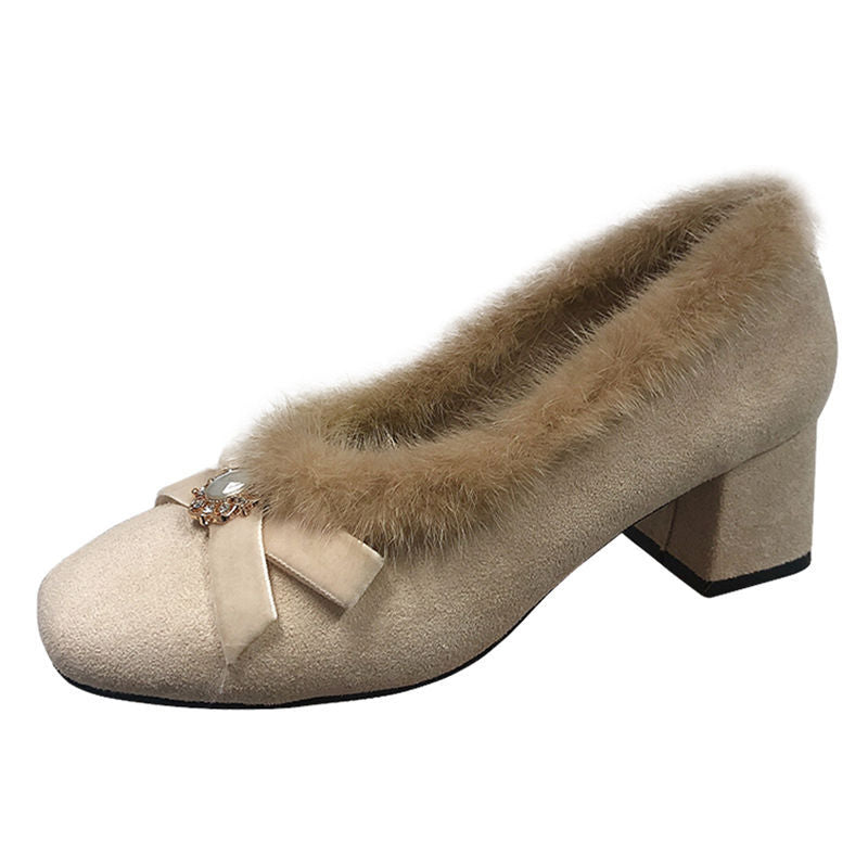 Damen High Heels Pumps mit Schleife und Flauschbesatz