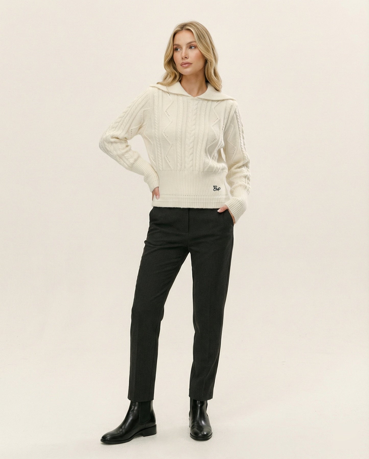 Damen Strickpullover Weich Warm Reverskragen Winterweiß