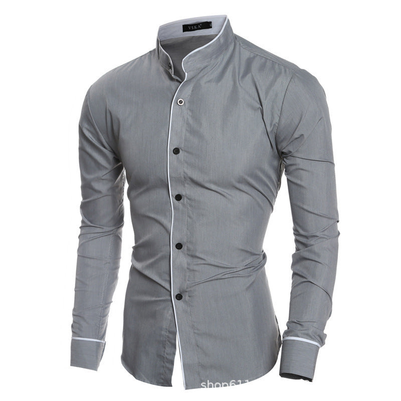 Herren Langarmhemd Modern Stehkragen Kontrastnähte Elegant